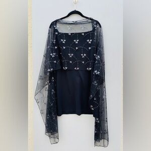 Black Soft Mesh Tulle Hologram Sequin Embroidered Scarf/Wrap 90" X 19"